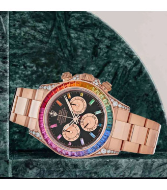 Rolex Black Lacquer Sapphire Rainbow Dial & Bezel, 18K Rose Gold Oyster Bracelet Men Watch
